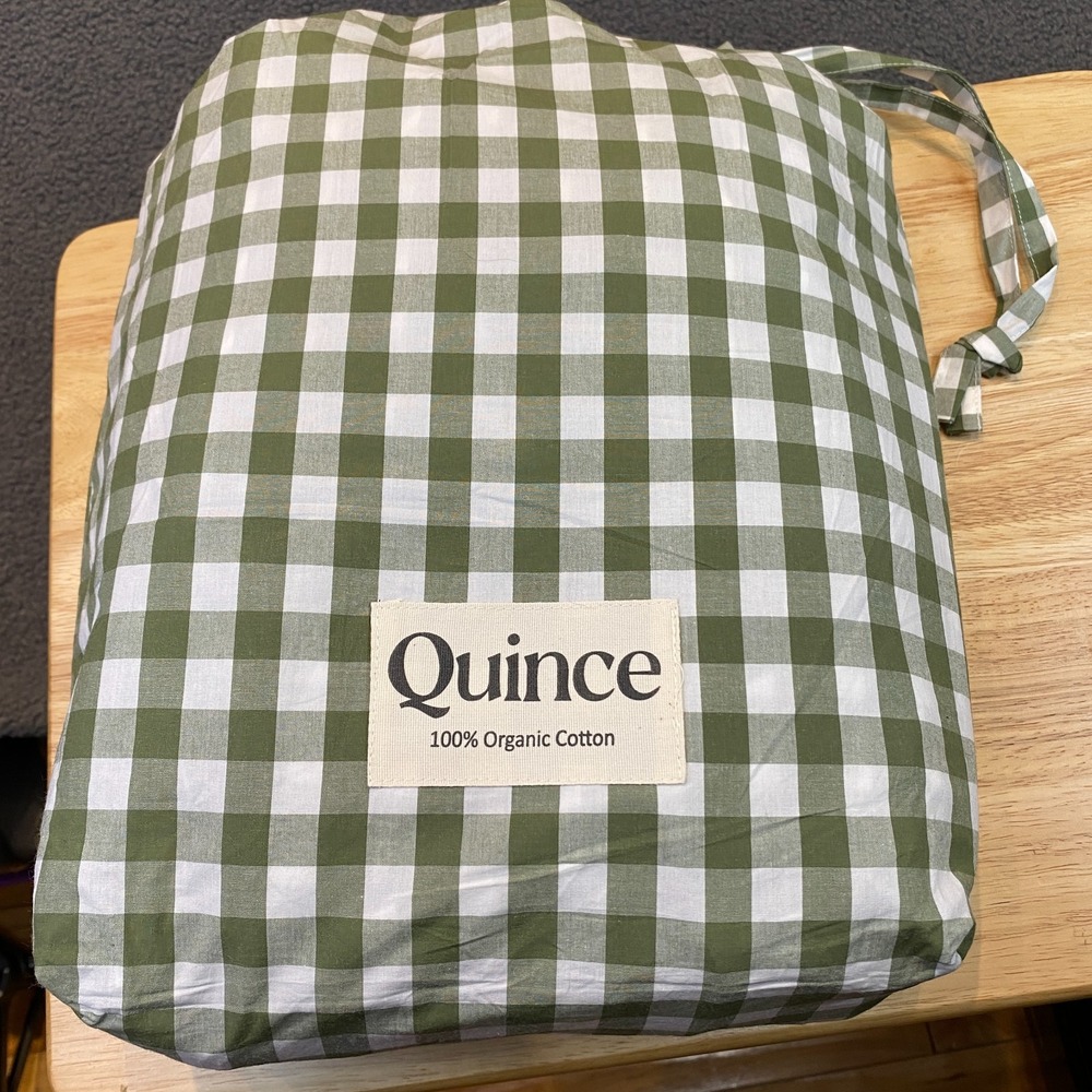 Quince Classic Organic Percale Gingham Sheet Set Full Size Olive Check Cotton